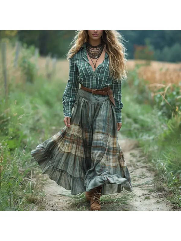 Retro V-neck Plaid Women's Long-sleeved Long Skirt Country Pastoral Retro Dress - Realyiyi.com 