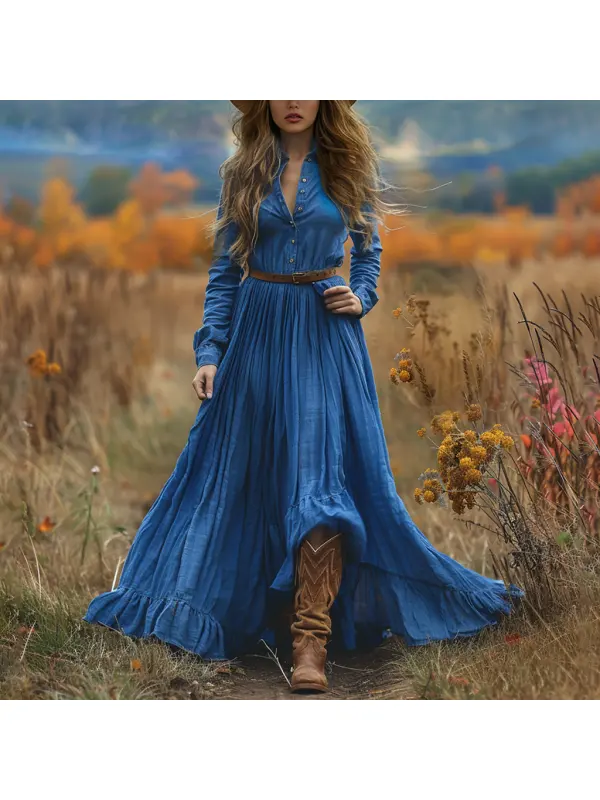 Retro V-neck Linen Women's Long-sleeved Long Skirt Pastoral Style Dress - Cominbuy.com 