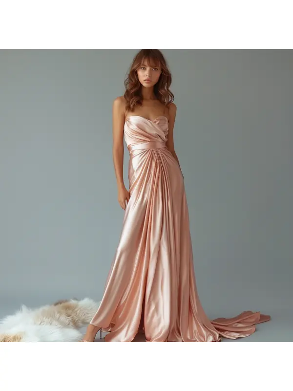 Elegant V Neck Satin Dress Long Women's Evening Dress - Aptkoi.com 
