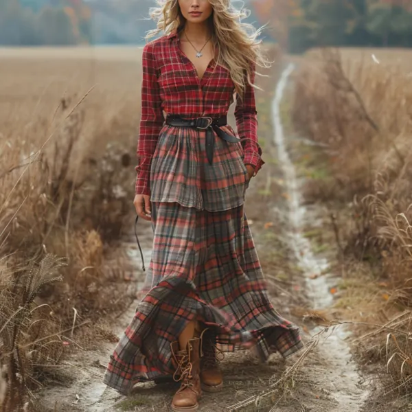 Retro V-neck Plaid Women's Long-sleeved Long Skirt Country Pastoral Retro Dress - Wayrates.com 