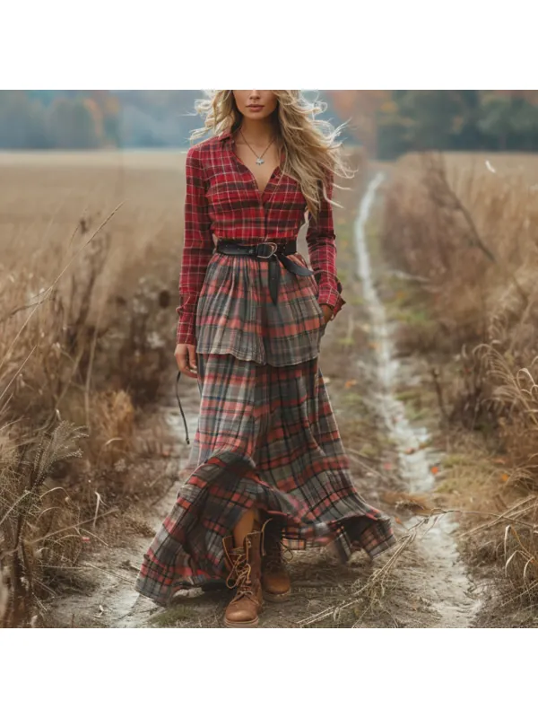 Retro V-neck Plaid Women's Long-sleeved Long Skirt Country Pastoral Retro Dress - Viewbena.com 