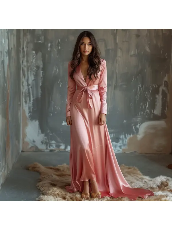 Elegant V Neck Satin Long Sleeve Dress Long Sleeve Dress For Women Evening Dress - Aptkoi.com 