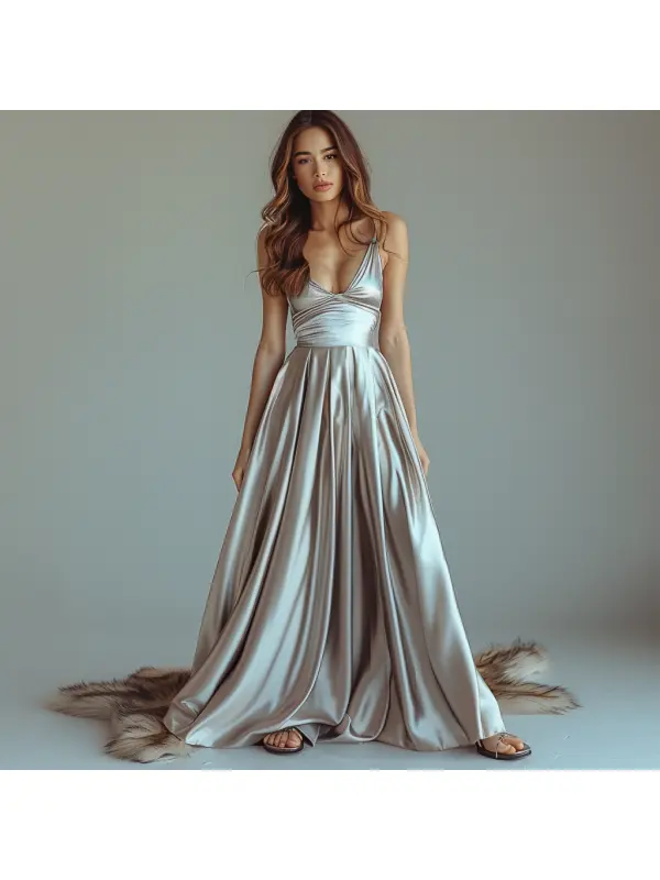 Elegant V-neck Sectional Dress Long Dress Women's Evening Dress - Aptkoi.com 