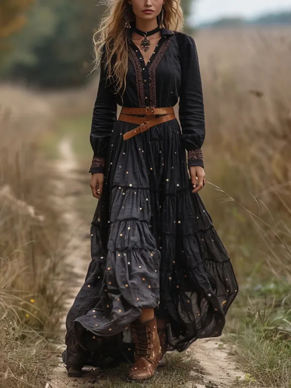 Retro V-neck Linen Women's Long-sleeved Long Skirt Pastoral Style Dress - Simplyion.com 