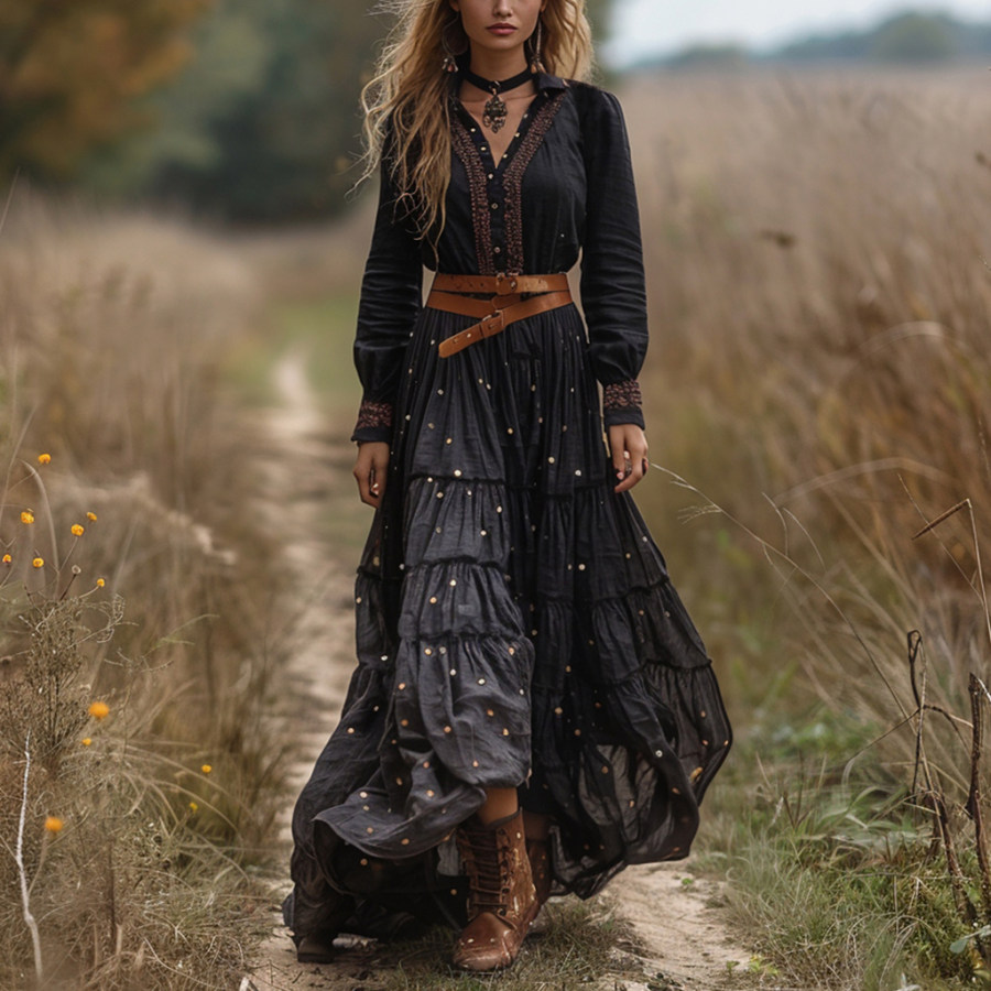 

Retro V-neck Linen Women's Long-sleeved Long Skirt Pastoral Style Dress
