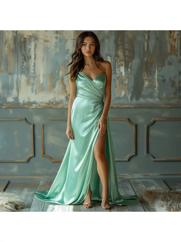 Elegant V Neck Satin Dress Long Women's Evening Dress - Aptkoi.com 