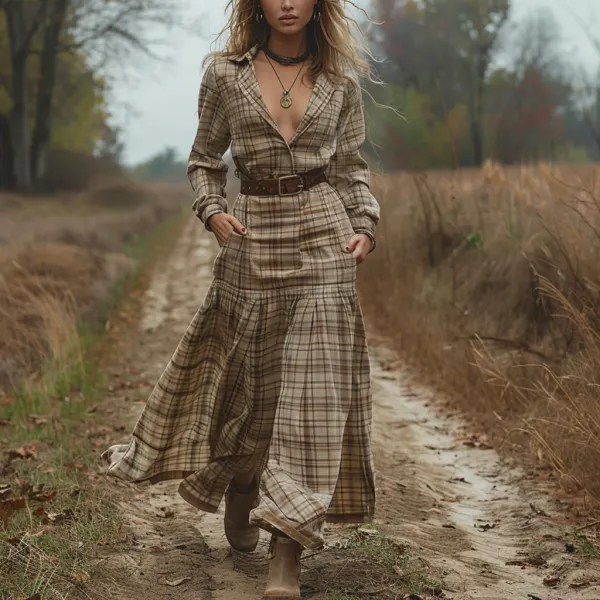 Retro V-neck Plaid Women's Long-sleeved Long Skirt Country Pastoral Retro Dress - Yiyistories.com 