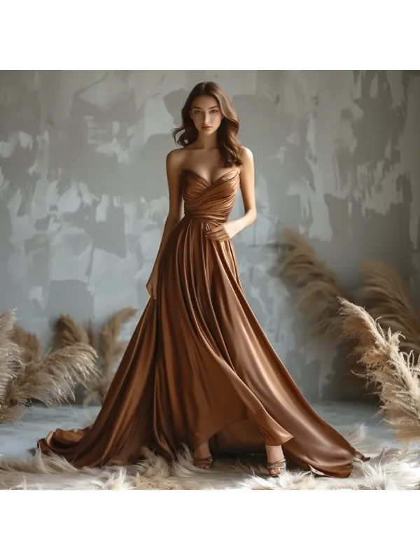 Elegant V Neck Satin Dress Long Women's Evening Dress - Aptkoi.com 