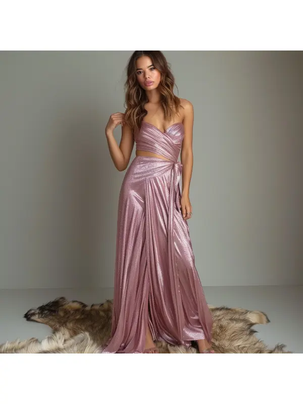 V-neck Glitter Elegant Long Dress Women's Tube Top Dress - Aptkoi.com 