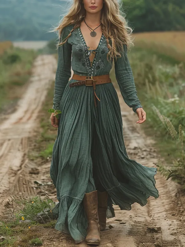 Retro V-neck Linen Women's Long-sleeved Long Skirt Pastoral Style Dress - Simplyion.com 