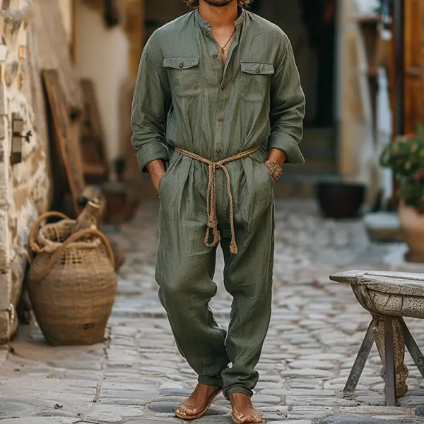 Linen Casual Wear Holiday Jumpsuit Men's Nomadic Comfort Jumpsuit Long-sleeved Jumpsuit Army Green - Yiyistories.com 