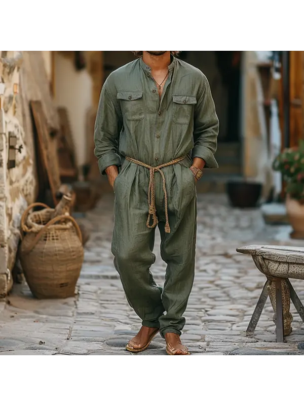 Linen Casual Wear Holiday Jumpsuit Men's Nomadic Comfort Jumpsuit Long-sleeved Jumpsuit Army Green - Localziv.com 