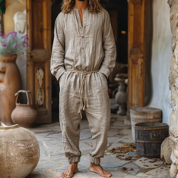 Linen Casual Wear Holiday Jumpsuit Men's Nomadic Comfort Jumpsuit Long-sleeved Jumpsuit - Localziv.com 