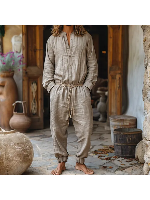 Linen Casual Wear Holiday Jumpsuit Men's Nomadic Comfort Jumpsuit Long-sleeved Jumpsuit - Localziv.com 