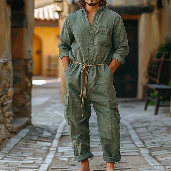 Linen Casual Wear Holiday Jumpsuit Men's Nomadic Comfort Jumpsuit Long-sleeved Jumpsuit Army Green - Localziv.com 