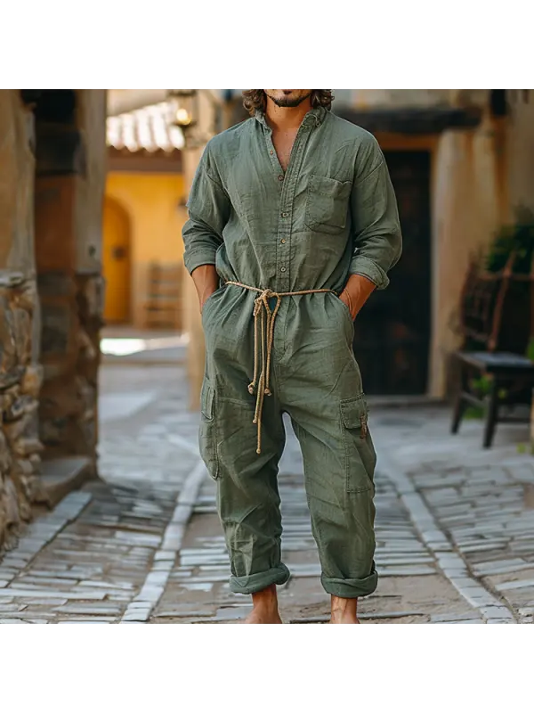 Linen Casual Wear Holiday Jumpsuit Men's Nomadic Comfort Jumpsuit Long-sleeved Jumpsuit Army Green - Localziv.com 