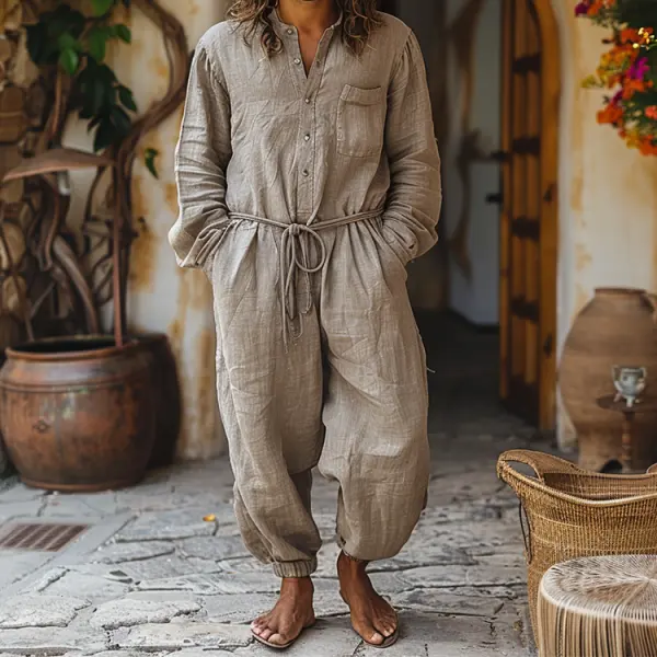 Linen Casual Wear Holiday Jumpsuit Men's Nomadic Comfort Jumpsuit Long-sleeved Jumpsuit - Yiyistories.com 