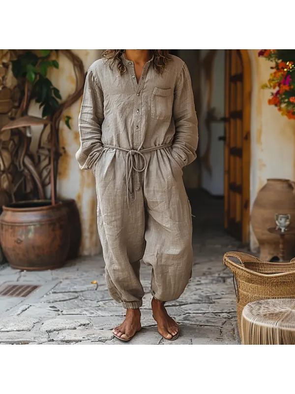 Linen Casual Wear Holiday Jumpsuit Men's Nomadic Comfort Jumpsuit Long-sleeved Jumpsuit - Localziv.com 