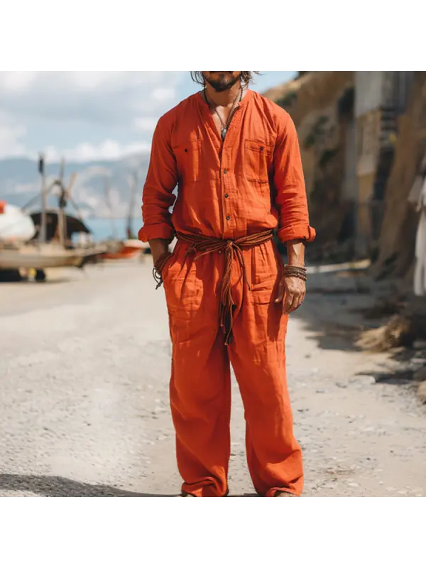 Linen Casual Holiday Jumpsuit Mens Nomad Comfort Jumpsuit Long Sleeve Jumpsuit - Localziv.com 