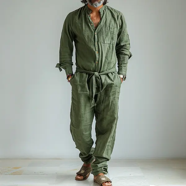 Linen Casual Wear Holiday Jumpsuit Men's Nomadic Comfort Jumpsuit Long-sleeved Jumpsuit Army Green - Localziv.com 