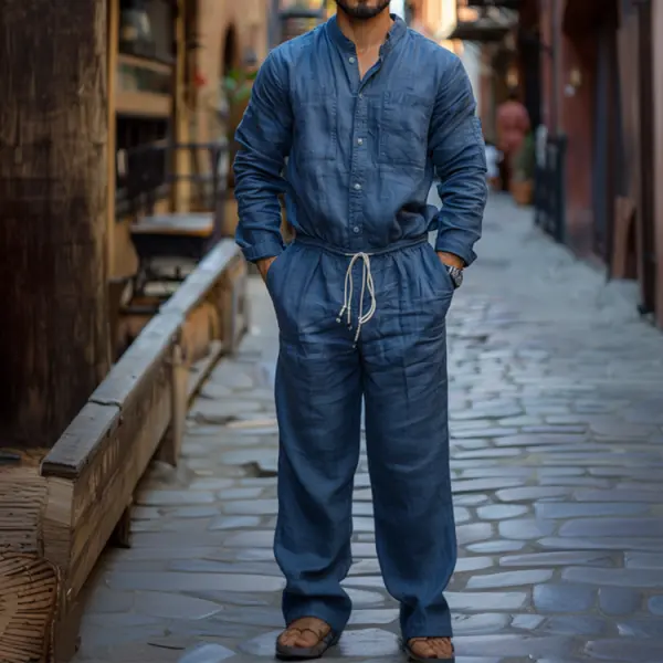 Linen Casual Holiday Jumpsuit Mens Nomad Comfort Jumpsuit Long Sleeve Jumpsuit Navy Blue - Yiyistories.com 