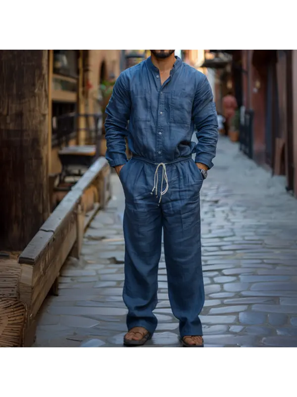 Linen Casual Holiday Jumpsuit Mens Nomad Comfort Jumpsuit Long Sleeve Jumpsuit Navy Blue - Localziv.com 