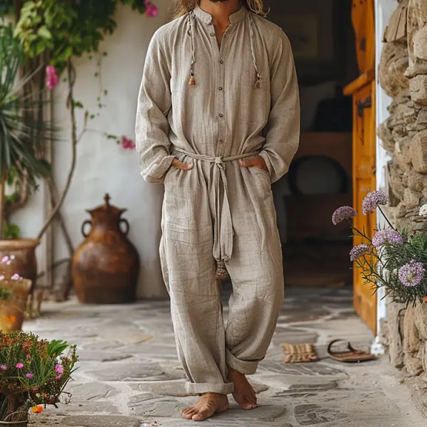 Linen Casual Wear Holiday Jumpsuit Men's Nomadic Comfort Jumpsuit Long-sleeved Jumpsuit - Yiyistories.com 