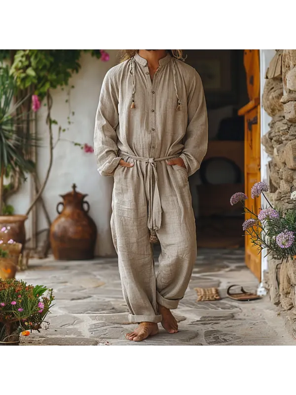 Linen Casual Wear Holiday Jumpsuit Men's Nomadic Comfort Jumpsuit Long-sleeved Jumpsuit - Localziv.com 
