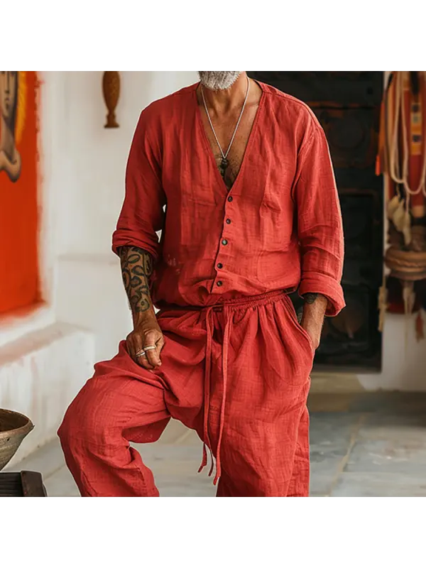 Linen Casual Wear Holiday Jumpsuit Men's Nomadic Comfort Jumpsuit Long-sleeved Jumpsuit - Localziv.com 