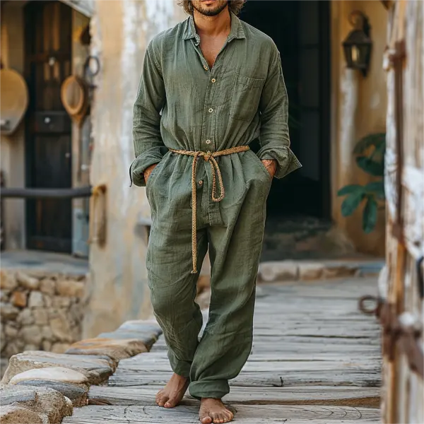 Linen Casual Wear Holiday Jumpsuit Men's Nomadic Comfort Jumpsuit Long-sleeved Jumpsuit Army Green - Yiyistories.com 