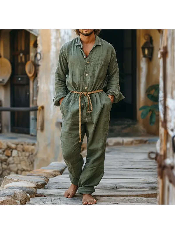 Linen Casual Wear Holiday Jumpsuit Men's Nomadic Comfort Jumpsuit Long-sleeved Jumpsuit Army Green - Localziv.com 