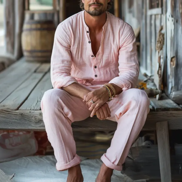 Linen Casual Holiday Jumpsuit Men's Nomad Comfort Jumpsuit Long Sleeve Jumpsuit Pink - Localziv.com 