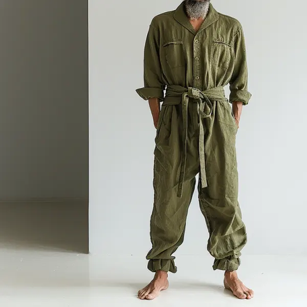 Linen Casual Wear Holiday Jumpsuit Men's Nomadic Comfort Jumpsuit Long-sleeved Jumpsuit Army Green - Localziv.com 