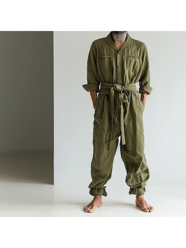 Linen Casual Wear Holiday Jumpsuit Men's Nomadic Comfort Jumpsuit Long-sleeved Jumpsuit Army Green - Localziv.com 