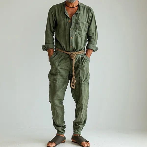 Linen Casual Wear Holiday Jumpsuit Men's Nomadic Comfort Jumpsuit Long-sleeved Jumpsuit Army Green - Localziv.com 