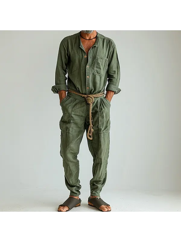 Linen Casual Wear Holiday Jumpsuit Men's Nomadic Comfort Jumpsuit Long-sleeved Jumpsuit Army Green - Localziv.com 