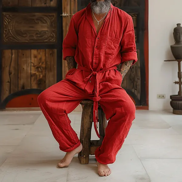 Linen Casual Wear Holiday Jumpsuit Men's Nomadic Comfort Jumpsuit Long-sleeved Jumpsuit Red - Yiyistories.com 