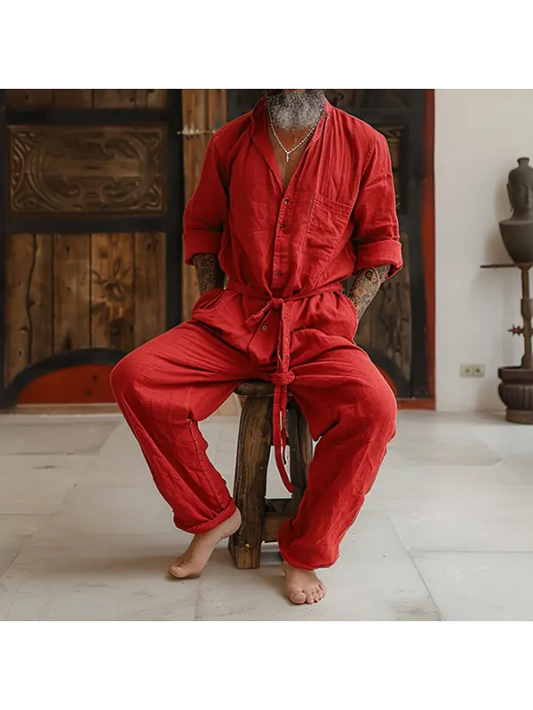 Linen Casual Wear Holiday Jumpsuit Men's Nomadic Comfort Jumpsuit Long-sleeved Jumpsuit Red - Localziv.com 