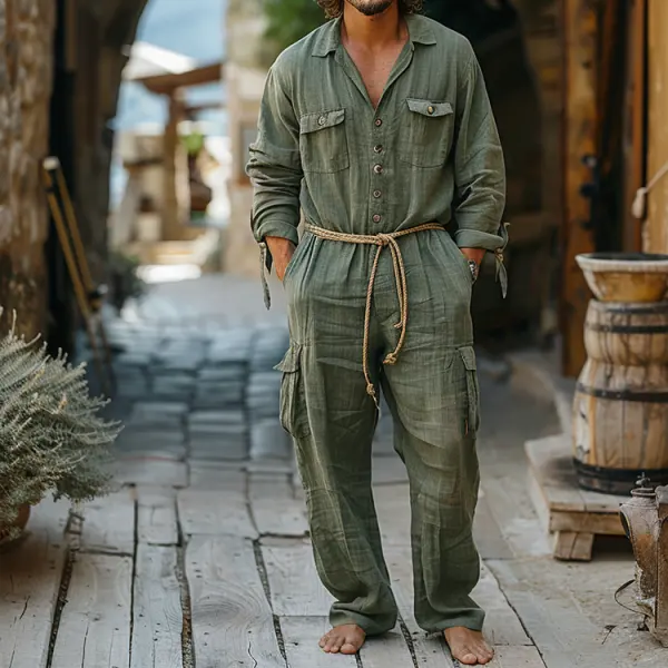 Linen Casual Wear Holiday Jumpsuit Men's Nomadic Comfort Jumpsuit Long-sleeved Jumpsuit Army Green Workwear - Yiyistories.com 