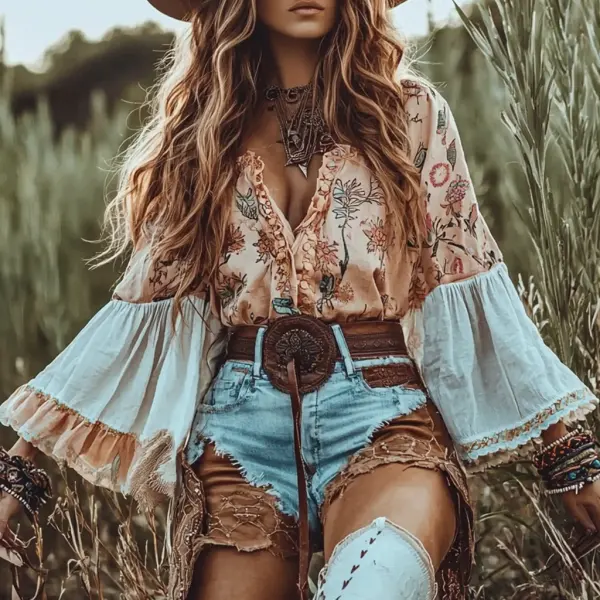 Women's Western Gypsy Print Long Sleeve Shirt - Yiyistories.com 