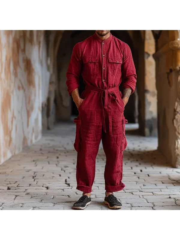 Linen Casual Holiday Jumpsuit Mens Nomad Comfort Jumpsuit Long Sleeve Jumpsuit Workwear - Localziv.com 