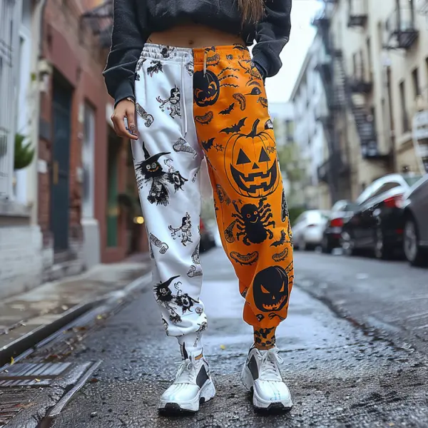 Women's Jogger Casual Pants With Halloween Pattern And Color Blocking - Dozenlive.com 