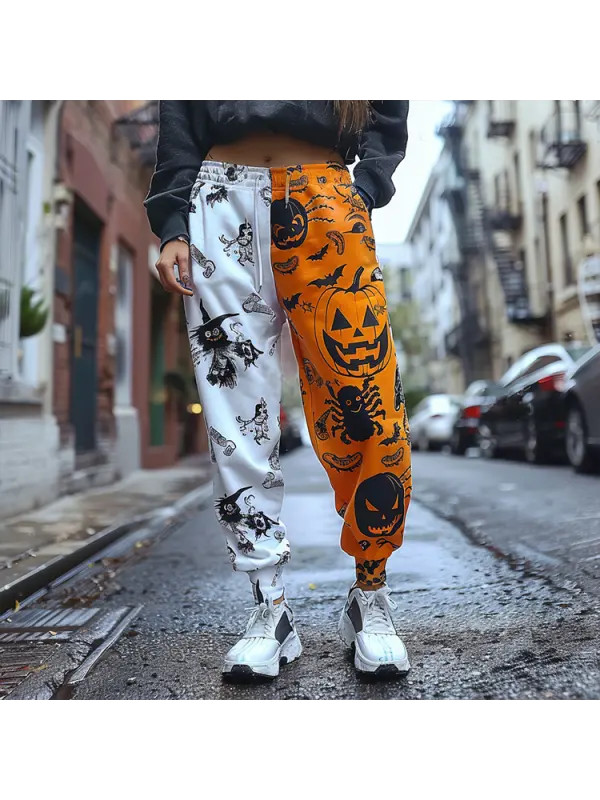 Women's Jogger Casual Pants With Halloween Pattern And Color Blocking - Timetomy.com 