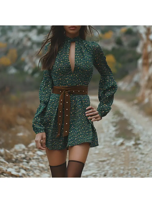 Women's Retro V-neck Long Sleeve Dress Short Leopard Print Dress Sexy Leopard Print Skirt - Realyiyi.com 