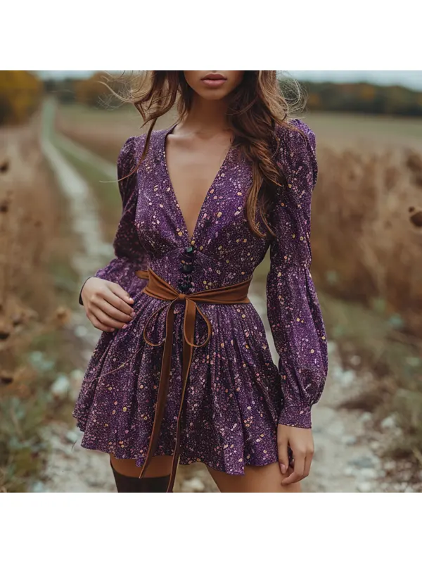 Women's Retro V-neck Long Sleeve Dress Short Leopard Print Dress Sexy Leopard Print Skirt - Viewbena.com 