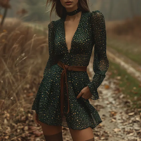 Women's Retro V-neck Long Sleeve Dress Short Leopard Print Dress Sexy Leopard Print Skirt - Ootdyouth.com 