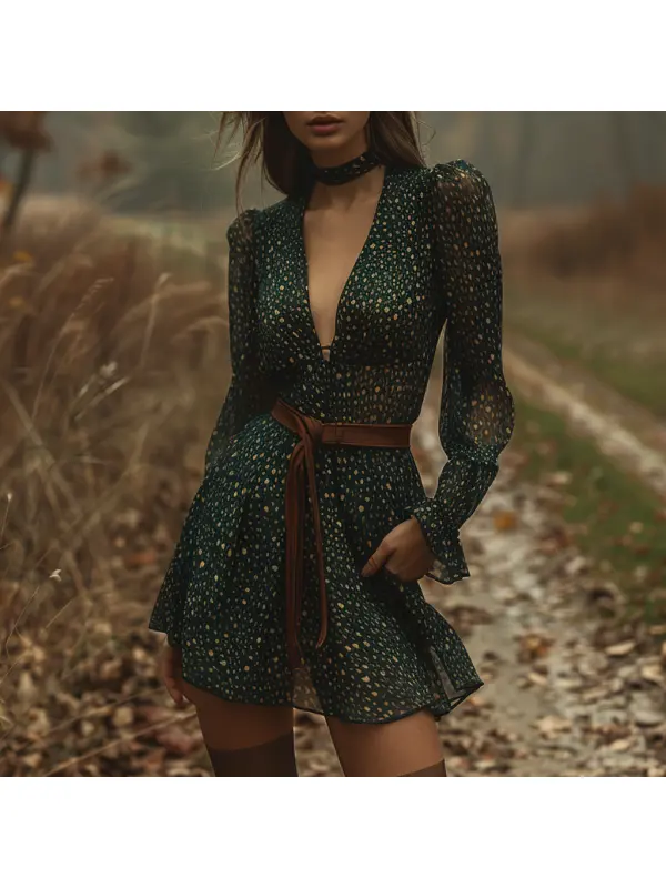 Women's Retro V-neck Long Sleeve Dress Short Leopard Print Dress Sexy Leopard Print Skirt - Realyiyi.com 