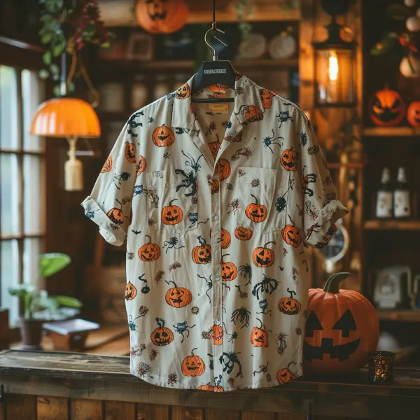 Men's Button Down Shirt Halloween Pumpkin Pattern Short Sleeve Shirt - Localziv.com 