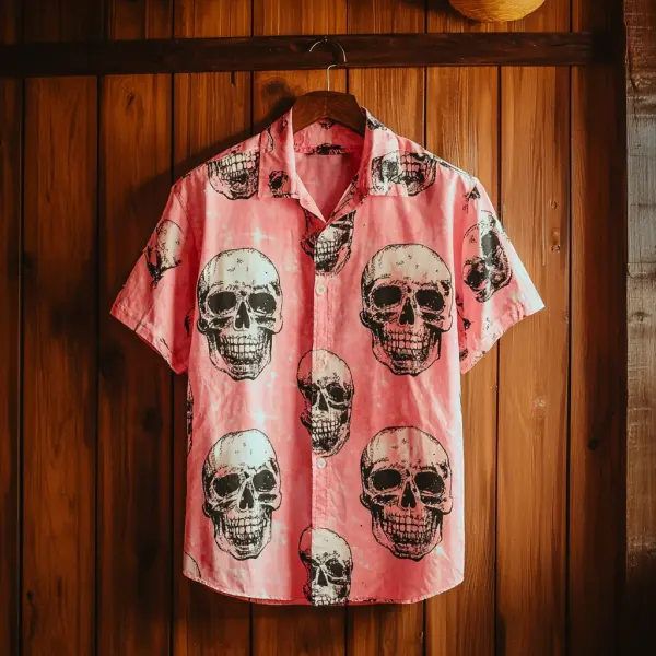 Unisex Button Down Shirt Halloween Skull Clash Short Sleeve Shirt - Yiyistories.com 