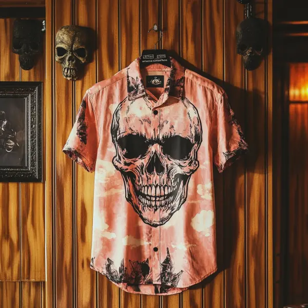 Unisex Button Down Shirt Halloween Skull Clash Short Sleeve Shirt - Yiyistories.com 